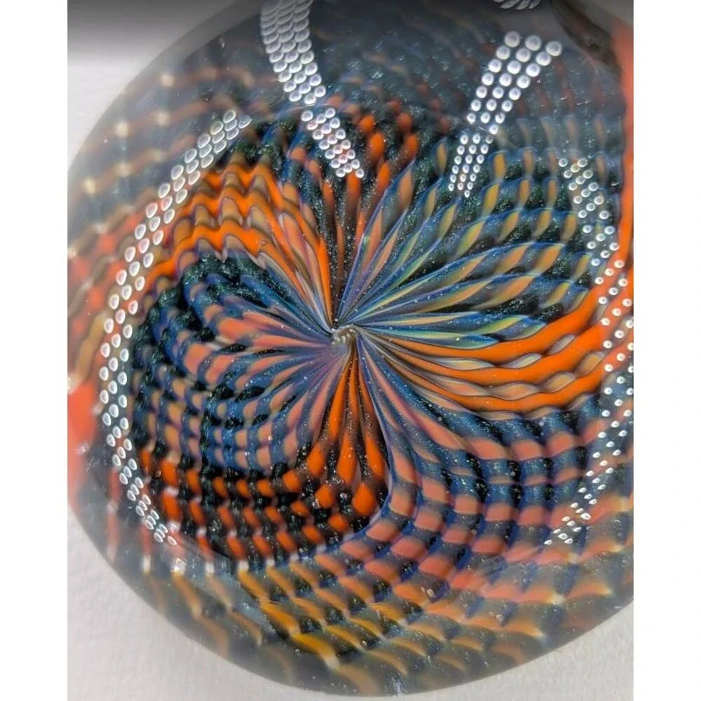 Art Glass Vortex Implosion Pendant Necklace Orange Blue Hemp Cord 21 Inch 34mm - Picture 6 of 12